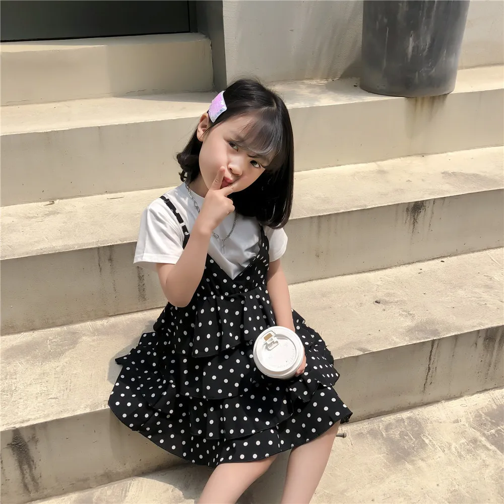 

2020 Childrenswear Summer New Style Girls Korean-style Short Sleeve T-shirt + Dotted Camisole Layers Cake Dress Cute Two-Piece S