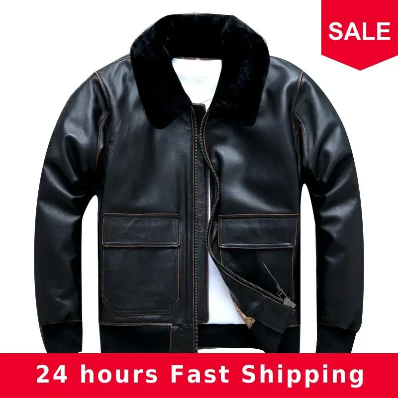 

2020 Vintage Black Men USAF A2 Pilot Leather Jacket Plus Size XXXXL Wool Collar Genuine Cowhide Autumn Military Aviator Coat