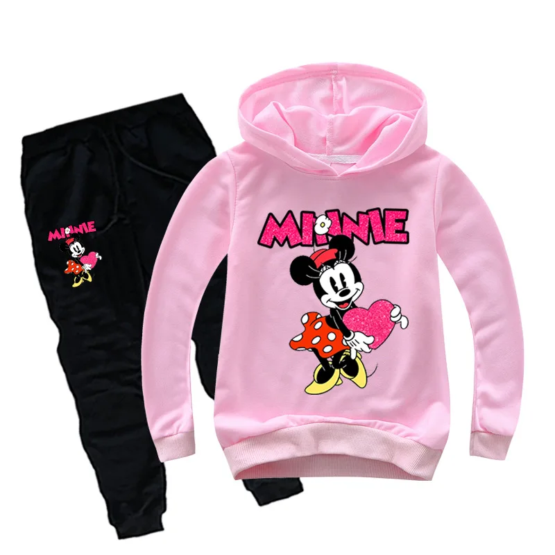 Pink Minnie Комплект детской одежды с рисунком Микки и Минни, футболки для маленьких девочек, толстовки с капюшоном+ штаны костюмы из 2 предметов комплект для мальчиков, толстовки детская спортивная одежда - Цвет: Pink Minnie
