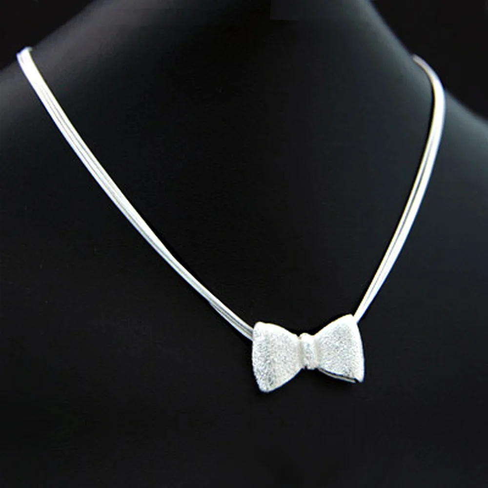 

Sweet Style Genuine 100% 925 Sterling Silver Bow pendant Necklace Fashion Multilayer Snake Chain Woman Choker Jewelry Gift