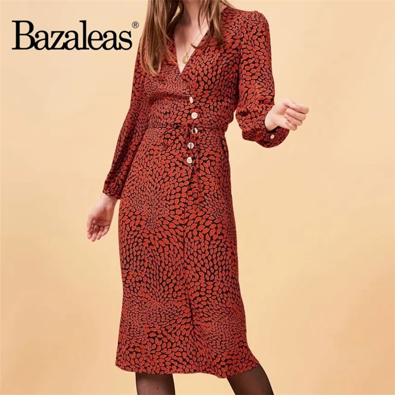 Bazaleas Франция зеленый верт печати vestido Винтаж габин обёрточная бумага платье модное крепление галстук боковые пуговицы для женщин миди платье повседневное