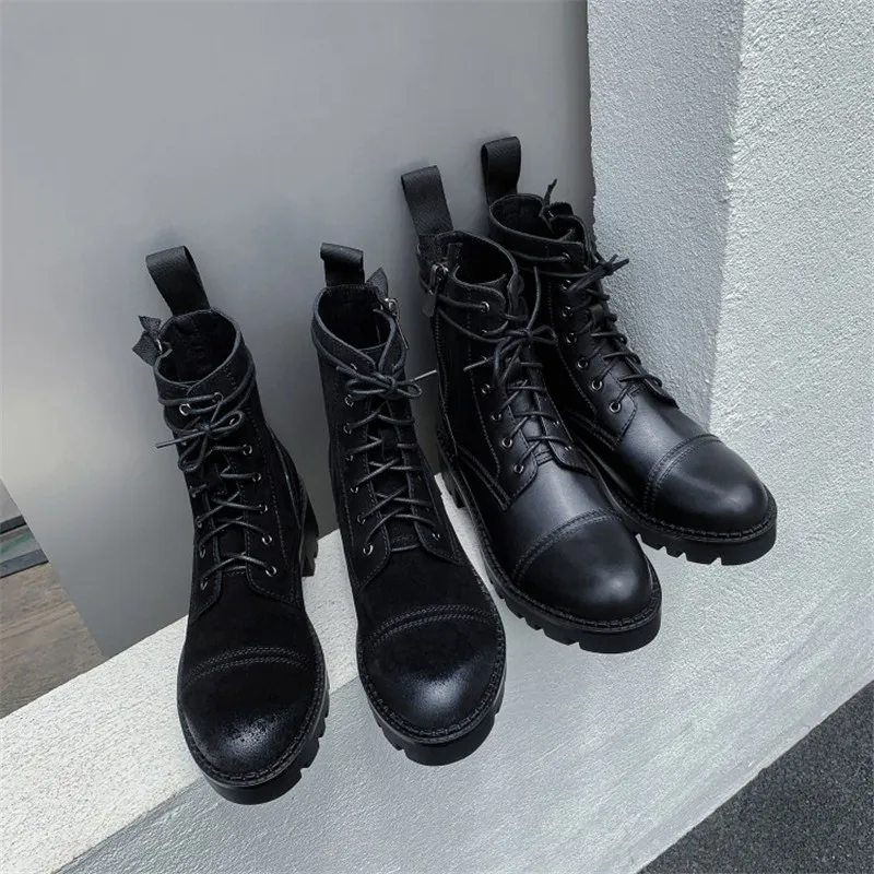 Europe and the United States spring and autumn leather lace with thick Martin boots wild England wind flat boots women