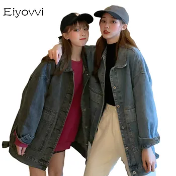 

Vintage Women Jacket Spring Autumn Oversize Denim Jackets Washed Blue Jeans Coat Turn-down Collar Outwear Bomber Jacket Cowboy