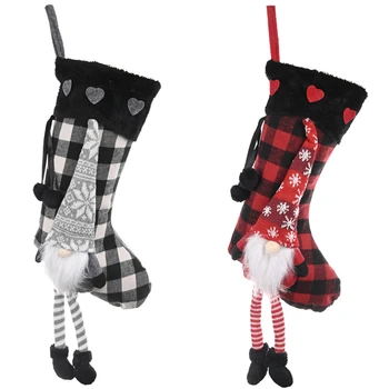 

4 Pcs Buffalo Plaid Christmas Stockings Swedish Santa Gnome Xmas Sock Fireplace Hanging Decorations Kids Gift Bag Wholesale X2