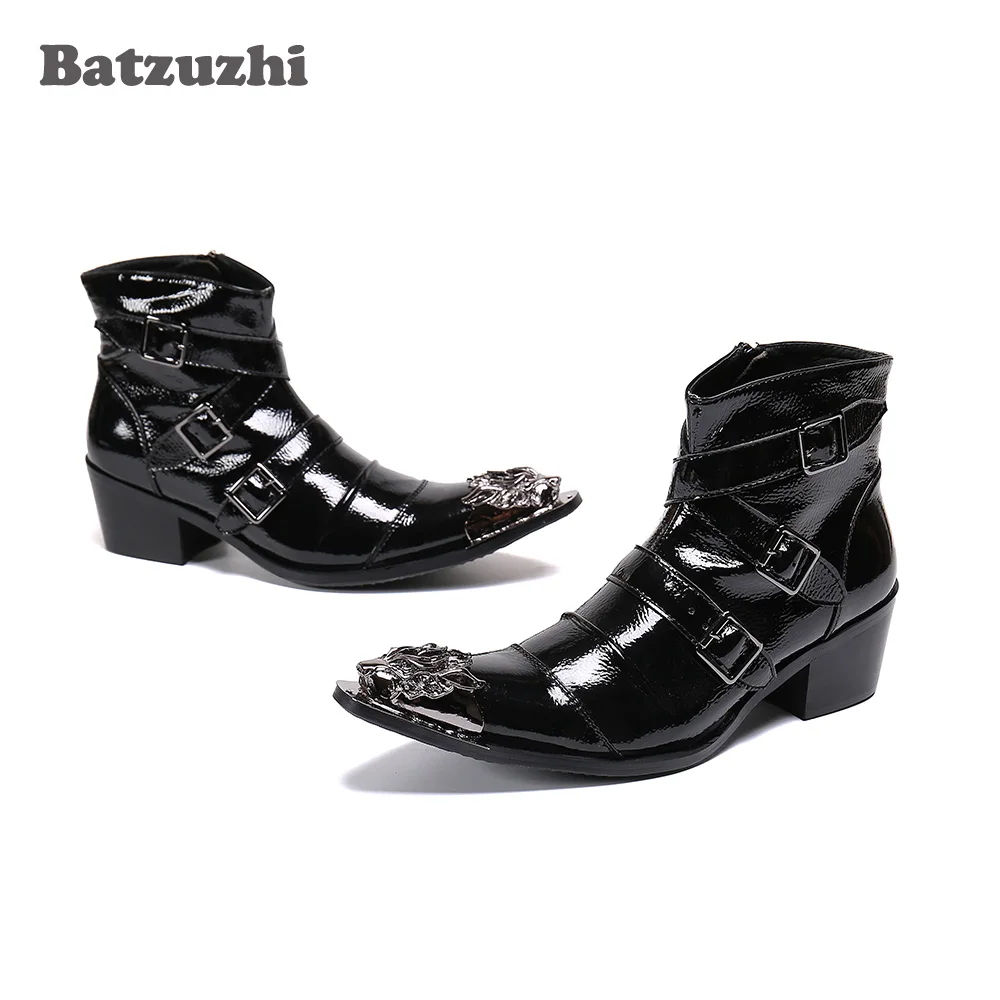 Batzuzhi Western Punk Men's Boots 6.5CM Heels Motorcycle Pointed Metal Toe Black Leather Ankle Boots Men Soft Leather Rock Boots