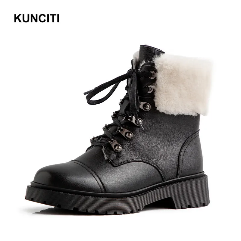 KUNCITI/; теплые зимние ботинки из натуральной кожи; Зимние ботильоны на шнуровке с защитой от холода; женские Ботинки martin с заклепками; D9248