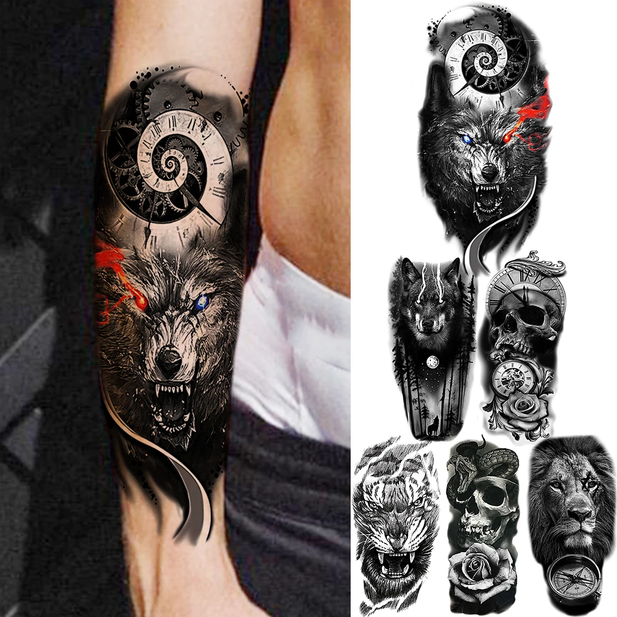 

Black Wolf Compass Temporary Tattoos For Men Women Adult Tiger Skull Lion Flower Compass Fake Tattoo Body Art Forearm Tatoos