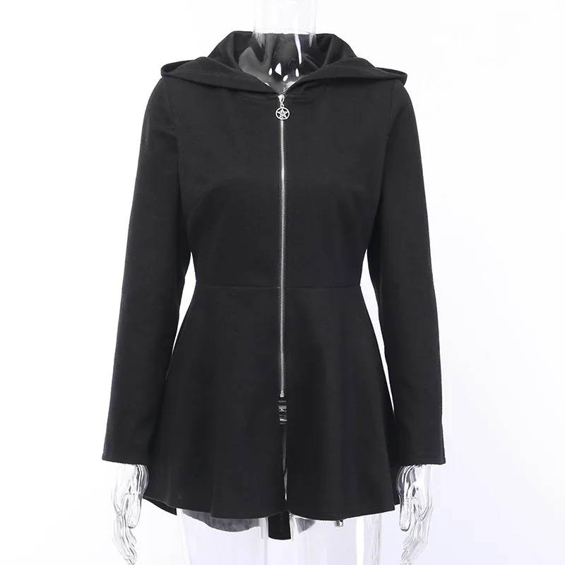 

Autumn Winter Dark Punk Retro Irregular Mini Hooded Dress Five Pointed Star Zipper Long Sleeve Dresses High Waist Women Clothing