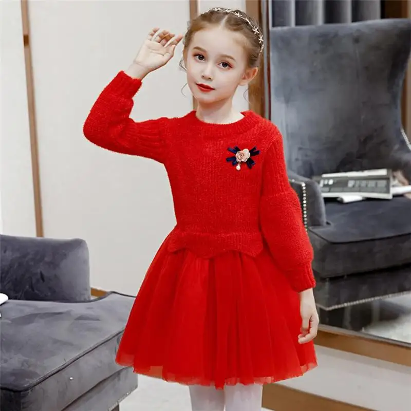 red 9690 Одежда для маленьких девочек; сезон осень-зима; Сетчатое лоскутное вязаное праздничное платье принцессы с длинными рукавами; Повседневное платье для маленьких девочек; K114 - Цвет: red 9690