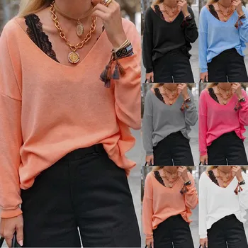 

Women's spring and summer stitching lantern sleeve tops ladies casual solid color loose T-shirt ladies T-shirt tops