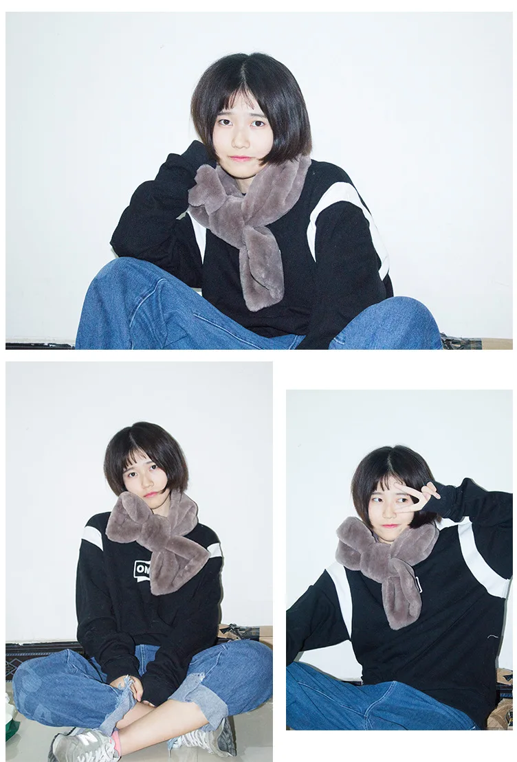Милый шарф в Корейском стиле с бантиком, осенне-зимний теплый плюшевый шарф из искусственного меха кролика, мягкий шарф для девочки в стиле Харадзюку