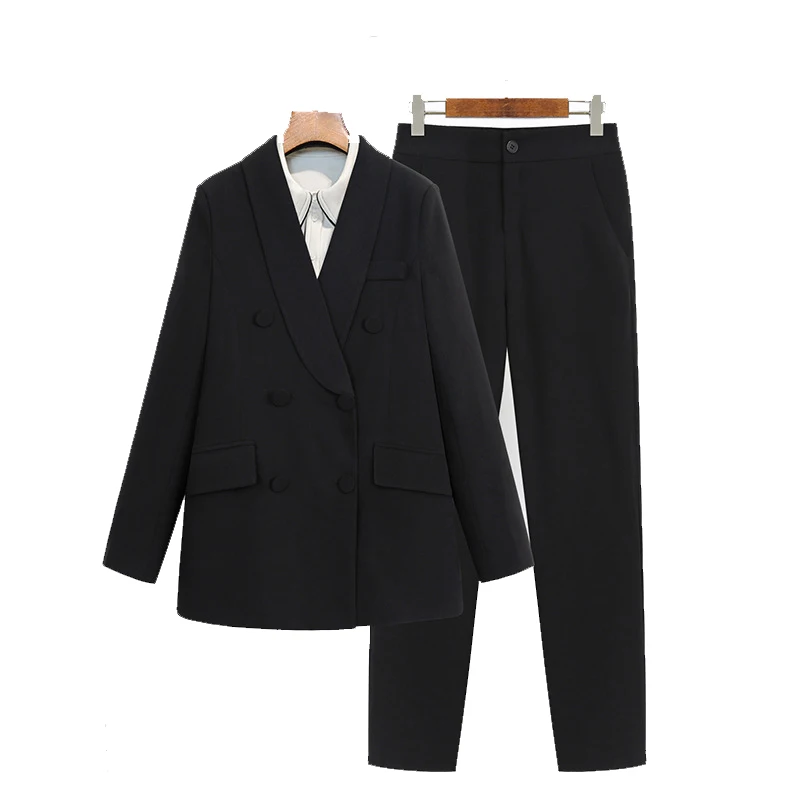 

High quality women's suits large size XL-4XL Autumn professional slim double-breasted black blazer Female Casual Pants Sets 2019
