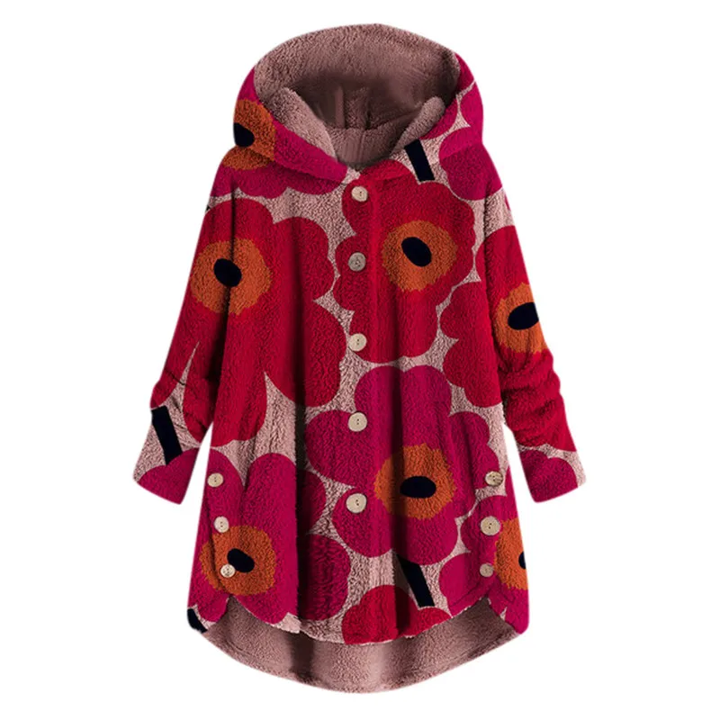 JAYCOSIN, индивидуальное цветное пальто, модное женское пальто на пуговицах, с принтом, пушистые топы, пуловер с капюшоном, свободный свитер, Прямая поставка#0809 - Цвет: RD
