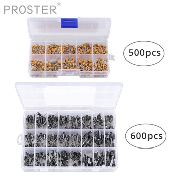 

Proster 600pcs Ceramic Capacitor Assortment Kit 0.1uF to 1000uF 24 Value 500pcs Electrolytic Capacitor Assortment Box Kit