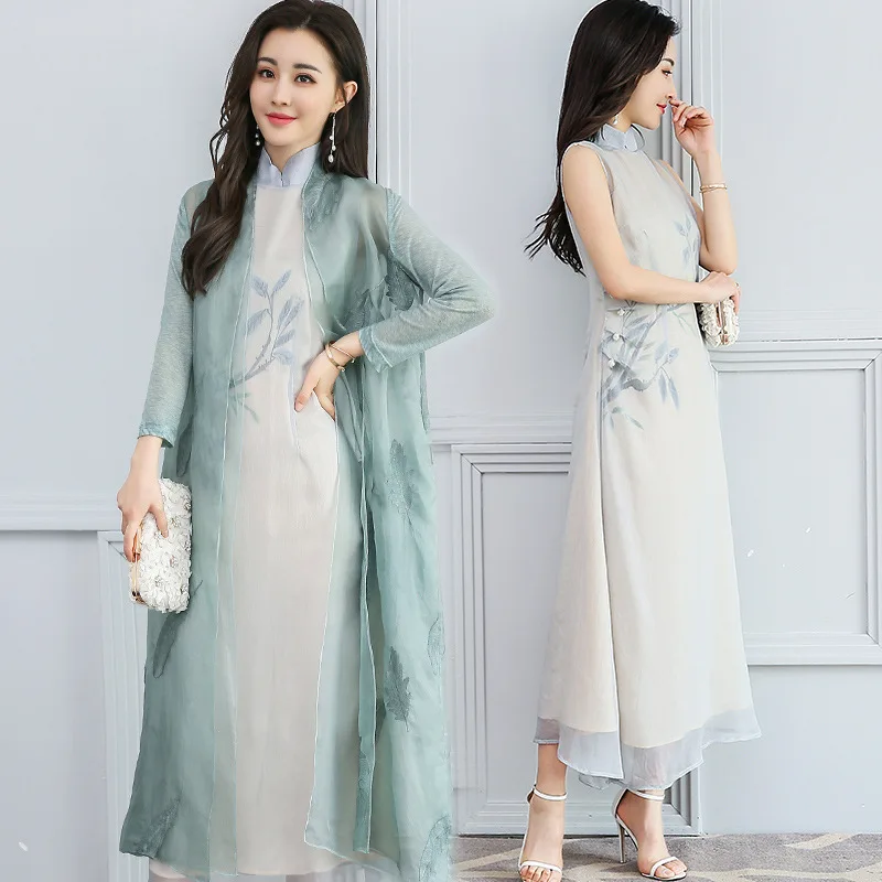 

Modified Version of Cheongsam 2019 Summer New Style WOMEN'S Dress Retro Two-Piece Set Chinese-style Set Dress Long Skirts Fairy