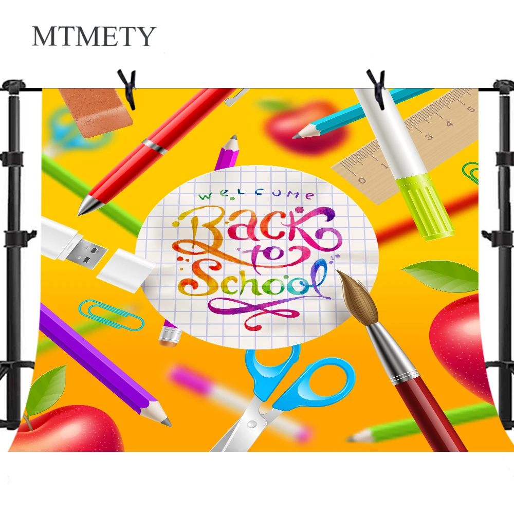 

MTMETY Colorful Back to School Photography Backdrops Pen Pencil Ruler Scissor Stationery Background Vinyl Photo Booth Backdrop