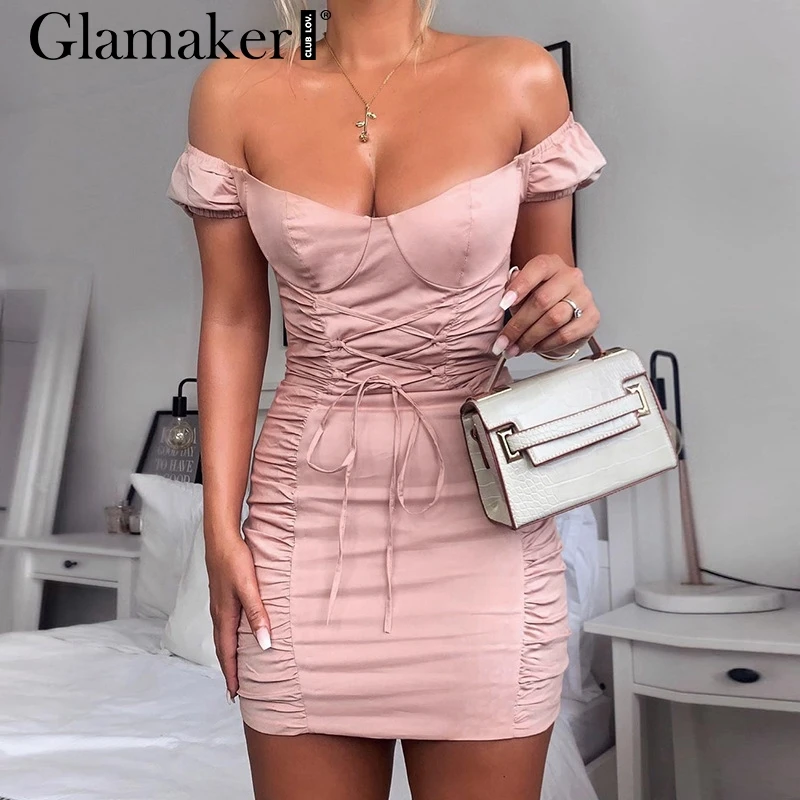 Glamaker винтажное розовое Тканое облегающее мини-платье с открытыми плечами и v-образным вырезом, плиссированное кружевное сексуальное платье, осенне-зимнее элегантное вечернее платье