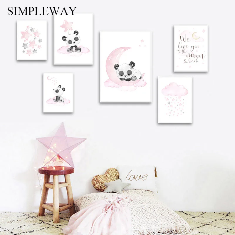 Child Poster Nursery Wall Art Canvas Print Pink Cartoon Panda Moon Painting Nordic Kid Decoration Picture Baby Girl Room Decor