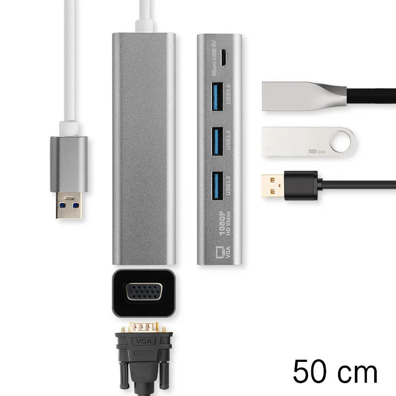 Ajiuyu USB адаптер VGA USB 3,0 концентратор сплиттер разделительный кабель мульти порт Стыковочный модуль-преобразователь Соединительный дисплей для Windows 10 8 7 - Цвет: 50cm VGA and USB