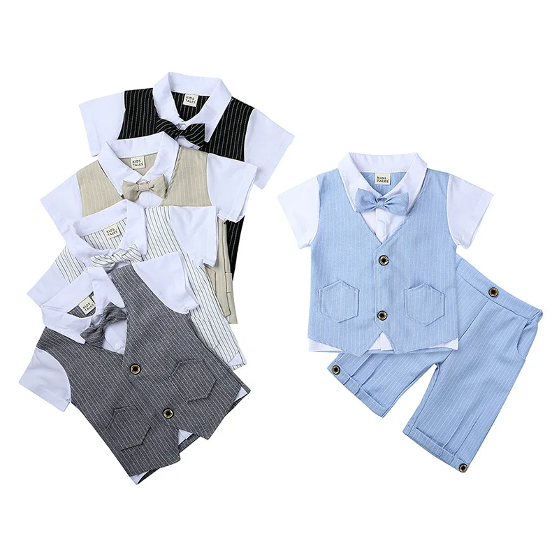 

Bowtie Baby Boys Summer Shirts Stripe Short Pants Suits Children's Tuxedo Cotton Kids Sets Outfits Gentleman Trousers Vest