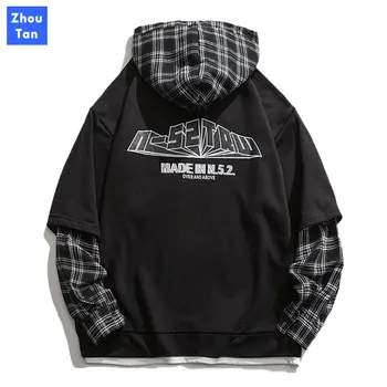 

Men hoodies 2020 Spring Autumn Loose casual wild Cotton fabric Check stitching color men's retro casual hooded fake two hoodie