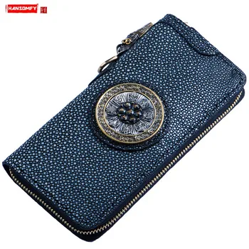

Men's Wallet Card Holder Coin Purse Wallets Clutch Bags Handmade Genuine Leather Long Zipper Stingray Fish Skin Leather Male Men