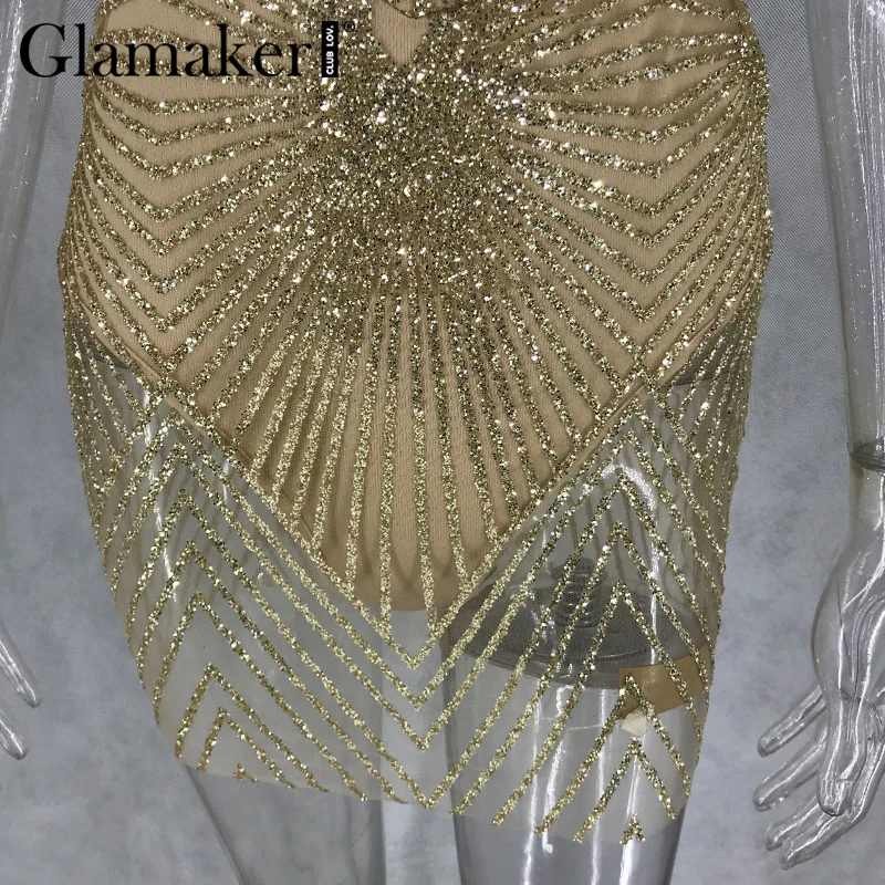 Glamaker, прозрачное платье с глубоким v-образным вырезом, короткие, сексуальные, вечерние, с блестками, облегающее, женское платье, с открытой спиной, Бандажное, винтажное, золотое, женское платье