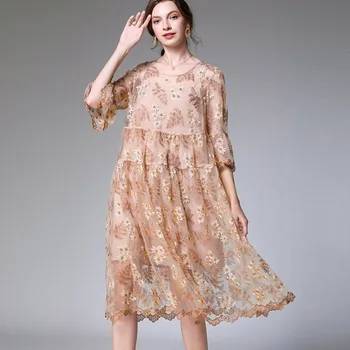 

Fashion Literary Style Round Neck Seven Point Sleeve Womens 2020 Spring Retro Lace Embroidery Printing Two Piece Elegant Dress