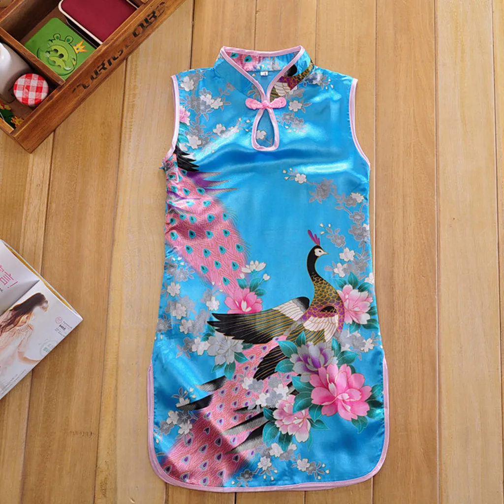 Chinese Qipao Floral Peacock Cheongsam Dress Floral Dress Elegant Toddler Baby Girls Children Clothes Formal Outfits 2-10T #B