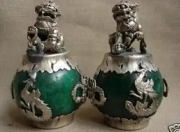 

QUARTZ CRYSTAL home decoration Rare Natural A PAIR CHINESE CARVED JADE & SILVER DRAGON FOO DOGS STATUE