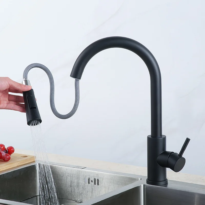 

1pc Kitchen Faucet Stainless Steel Black Paint 360 Degree Swivel Water Tap Mixer Single Handle Pull Down Sink Faucets Crane