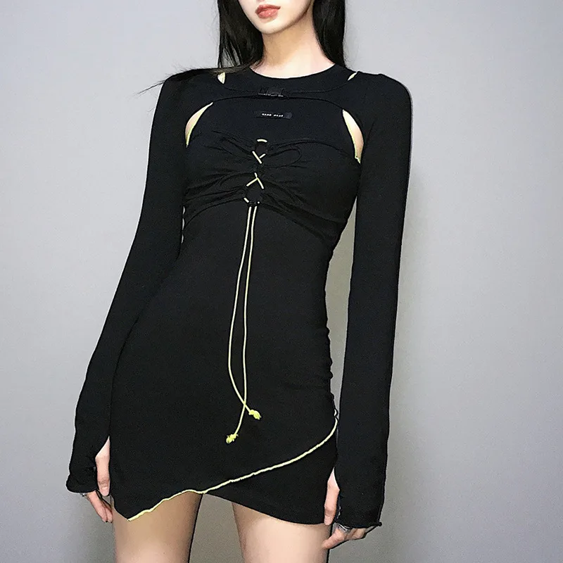 

NCLAGEN Contrast Color Bandage Irregular Dress With Ultra Short Top Women Patchwork Party Club Bodycon Black Autumn Vestidos