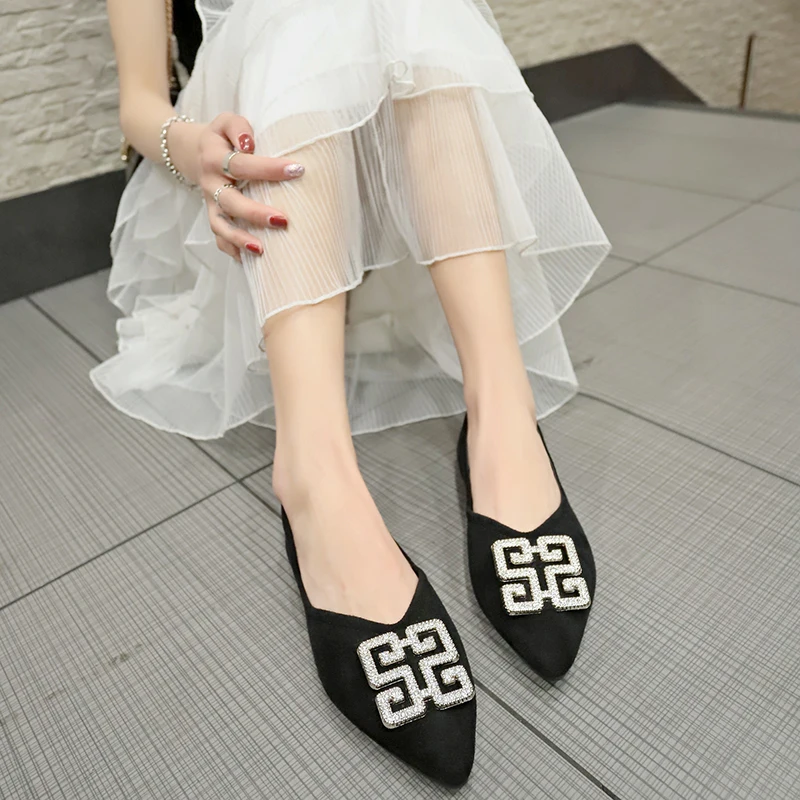 

Summer Korean New Style Flat Shoes Women Easy-matching Shallow Retro Crystal Single Shoes Solid Flock Pointed Toe Slip-on shoes