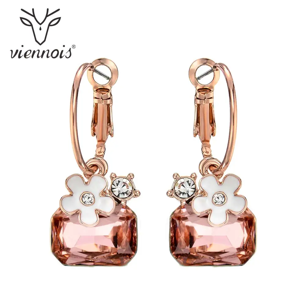 

Viennois Dangle Earrings For Women Red Color Zircon Flower Design Female Metallic Party Jewelry 2020