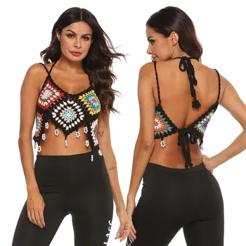 

Color Mixture Joint Hanging Beads Pure Crochet Camisole Sexy Backless Bandage Cloth Beach Bikini Cover-up WOMEN'S Dress 1498
