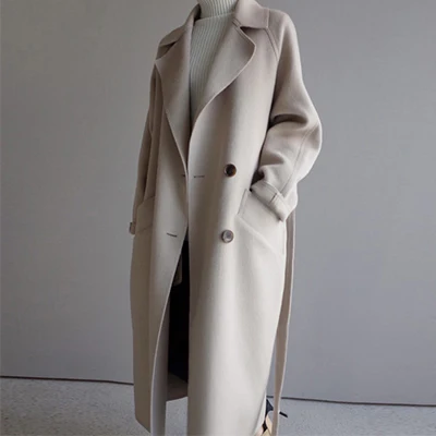 Beige Зимние длинные шерстяные пальто с поясом, женские повседневные свободные кашемировые пальто на шнуровке с отложным воротником, корейские теплые шерстяные пальто - Цвет: Beige
