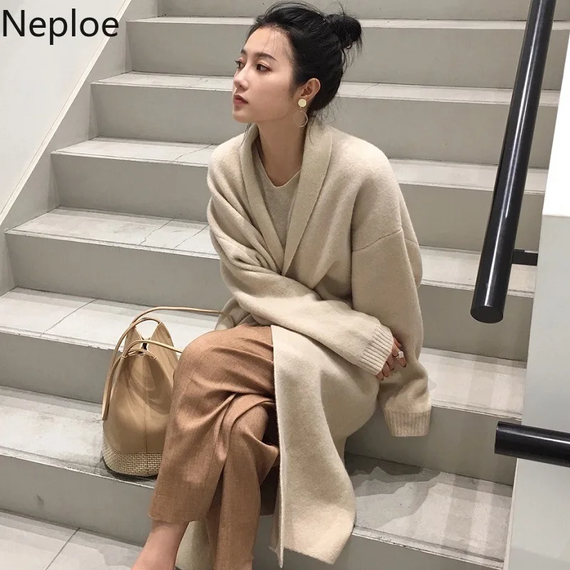 

Neploe 2019 Autumn Winter New Loose Slim Maxi Knit Sweater V Neck Long Sleeve Carigans Women Wild Casual Thick Solid Coat 46551