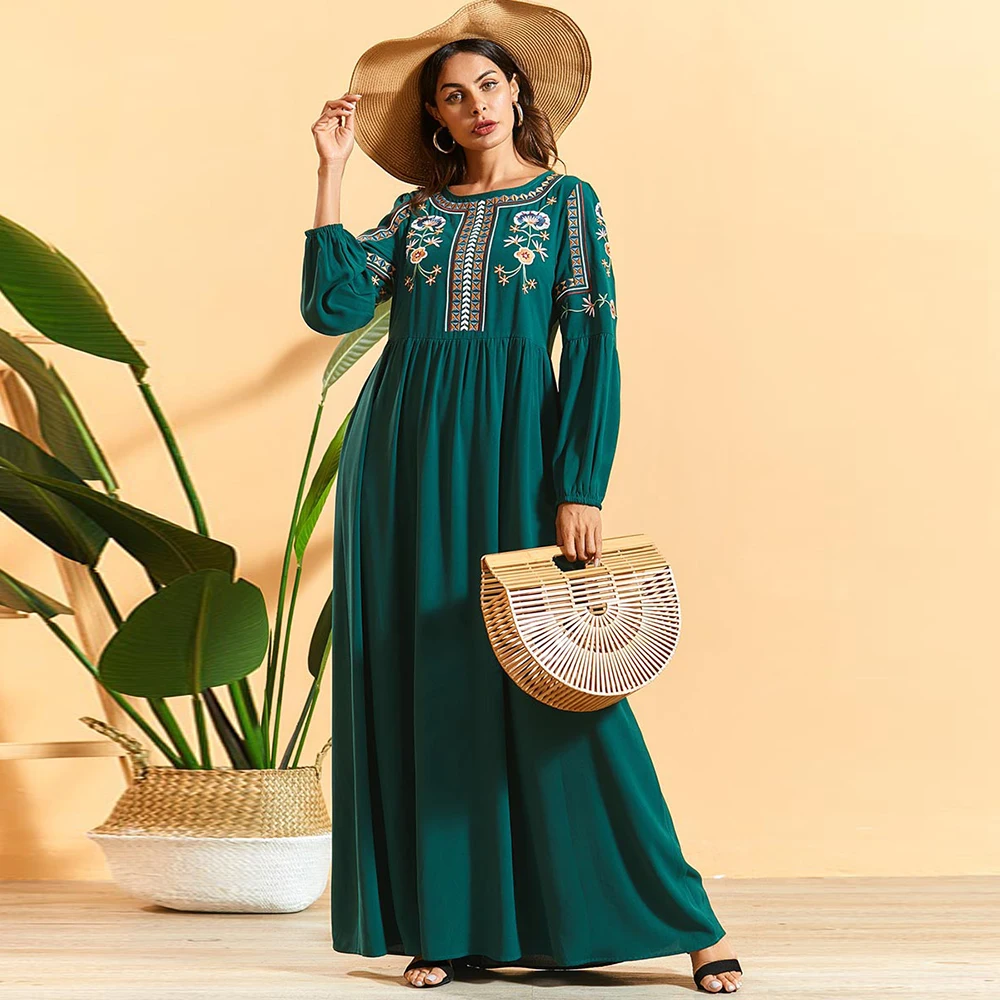 

Long Dress Abaya Dubai Ethnic Floral Embroidery Plus Size Middle East Muslim Maxi Dress Ramadan Abayas For Women Islamic Clothes
