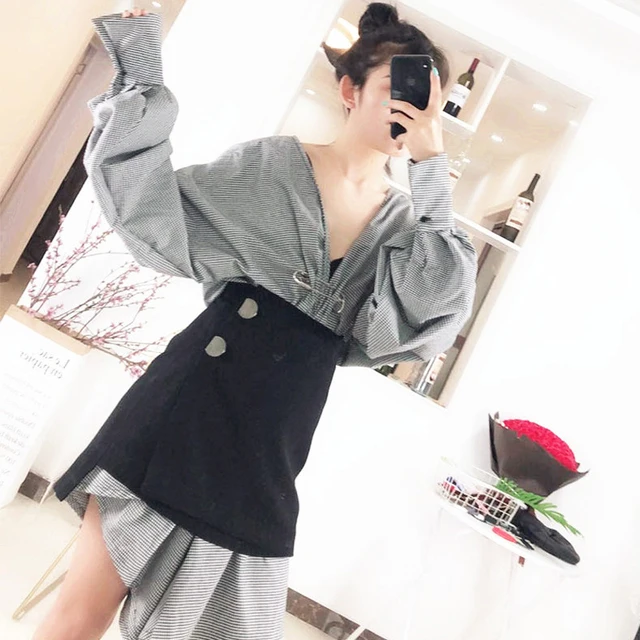 [EAM] Women Black Plaid Irregular Stitch Big Size Dress New V-Neck Long Sleeve Loose Fit Fashion Tide Spring Autumn 2022 JG892 3