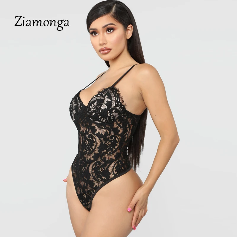 Best Seller Ziamonga Sheer Lace Bodysuit Women Sexy Spaghetti Strap V-Neck Push Up See Through Jumpsuit Women Lace Bodysuits 2019 Summer New 4000074097886