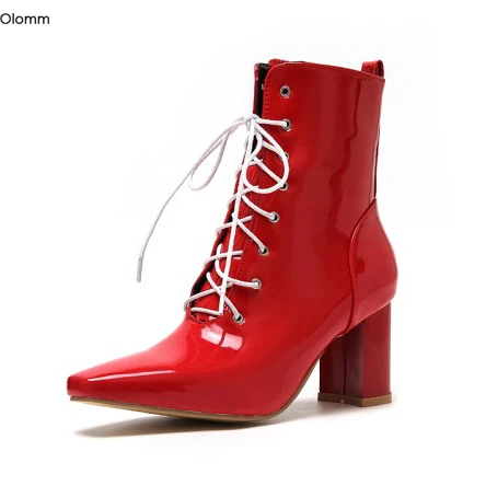 

Olomm New Women Shiny Ankle Boots Sexy Square High Heels Boots Pointed Toe Black White Red Nude Shoes Women Plus US Size 5-15