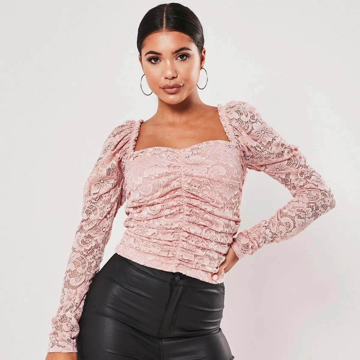 

Women Ladies Casual Shirts Lace Puff Sleeve Blouse Club Top Holiday Blouse