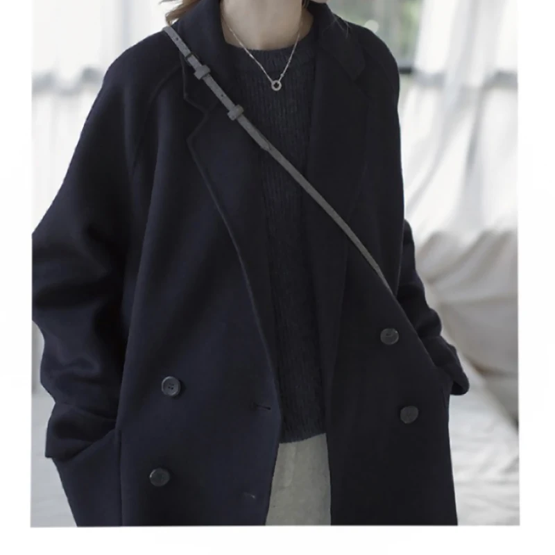 Woolen Coat Women Autumn Winter Length Wool jacket Medium Thick warm Double Breasted Preppy Style Korean Outerwear Female