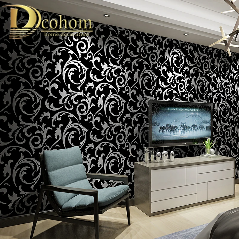 黒 白3dビクトリア朝ダマスクエンボス壁紙ロール家の装飾リビングルームの寝室の壁装材花高級ウォールペーパー 壁紙 Aliexpress