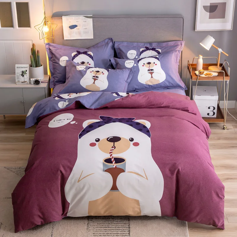 19 Brushed Cotton Bedding Set Queen King Size Chinese Style Flower Teddy Bear Deer Cartoon Plaid Duvet Cover Bedsheet Pillowcase - Цвет: 19