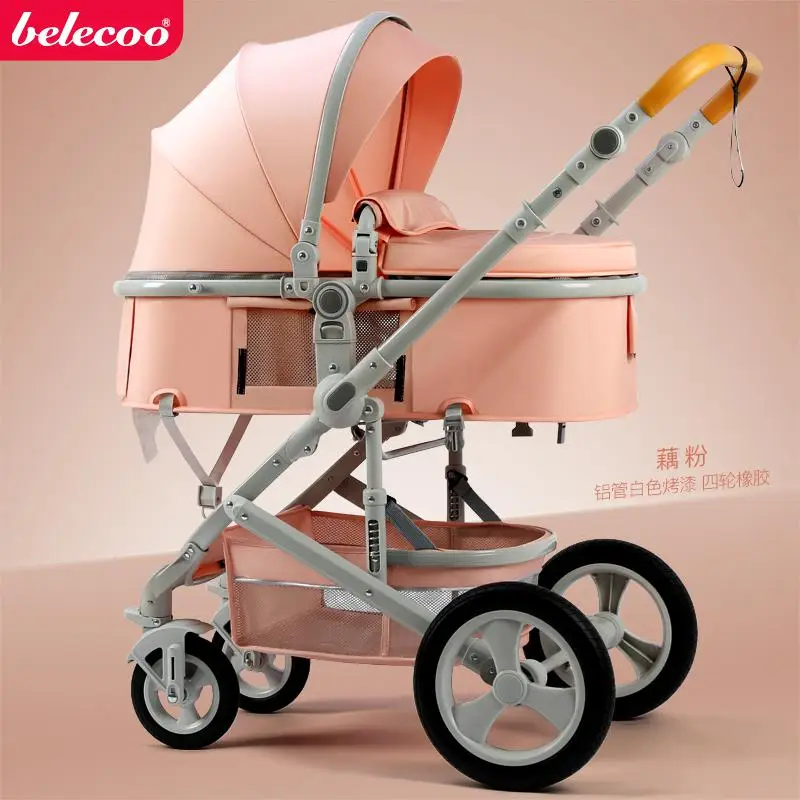 Belleco/детская коляска с высоким пейзажем, может лежать, складывается, двусторонняя, четырехколесная, амортизирующая, детская, ручная, пуш-ап - Цвет: pink