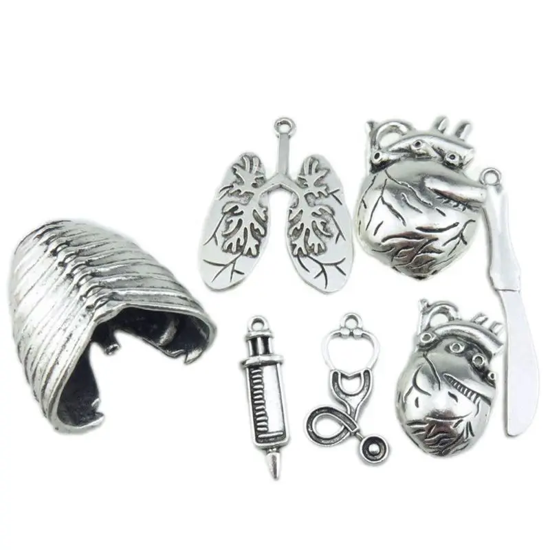

7Pcs Antique Silver Lungs Skeleton Heart Stethoscope Injector Nurse Charm Pendants Jewelry Making DIY Necklace Bracelet