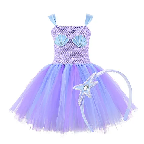 dress with a set Платье-пачка принцессы русалки с повязкой на голову для девочек; цвет синий, фиолетовый; платье для дня рождения; Детский Костюм Русалки на Хэллоуин - Цвет: dress with a set