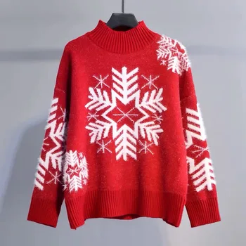 

Christmas Red Sweater 2019 Winter Snowflake Xmas Patterned Knitted Pullovers Plus Size Streetwear Long Sleeve Causal Warm Jumper