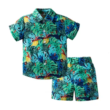 

Kimocat boys clothes Boy baby Summer short sleeved beach party green floral shirt and shorts suit Children's clothes
